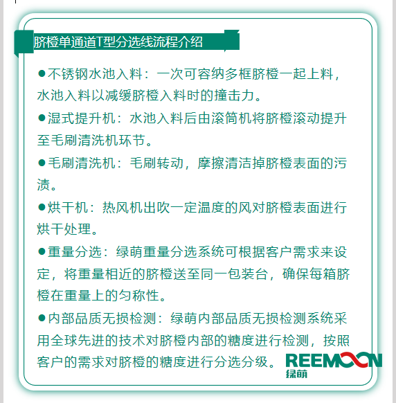 今年綠萌推出T型系列設(shè)備，專為中國果農(nóng)研制的高性價比的設(shè)備，具有功能齊全、小型輕便可移動、操作簡單、易維護的優(yōu)點。臍橙單通道分選線確保每箱分選過的臍橙個頭勻稱、糖酸度相近，有著穩(wěn)定的品質(zhì)，讓非標準的農(nóng)產(chǎn)品標準化。該分選線專門為中國小戶果農(nóng)定制，為客戶實地考察，根據(jù)客戶需求全流程設(shè)計，