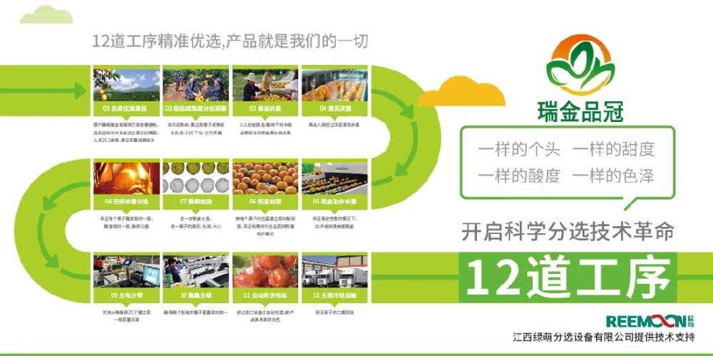 綠萌分選 讓您的水果好吃看得見 2020年11月27日，由瑞金市品冠農(nóng)業(yè)發(fā)展有限公司承辦的2020紅都品冠贛南臍橙以“綠水青山、紅色傳橙”為主題的推介會在沈陽舉行。瑞金品冠圍繞“紅色傳橙、綠色情懷、生態(tài)共建、品牌強(qiáng)農(nóng)”的理念，堅(jiān)持要把優(yōu)質(zhì)贛南臍橙推介給東北人民，為此，瑞金品冠挑選優(yōu)質(zhì)臍橙果園基地